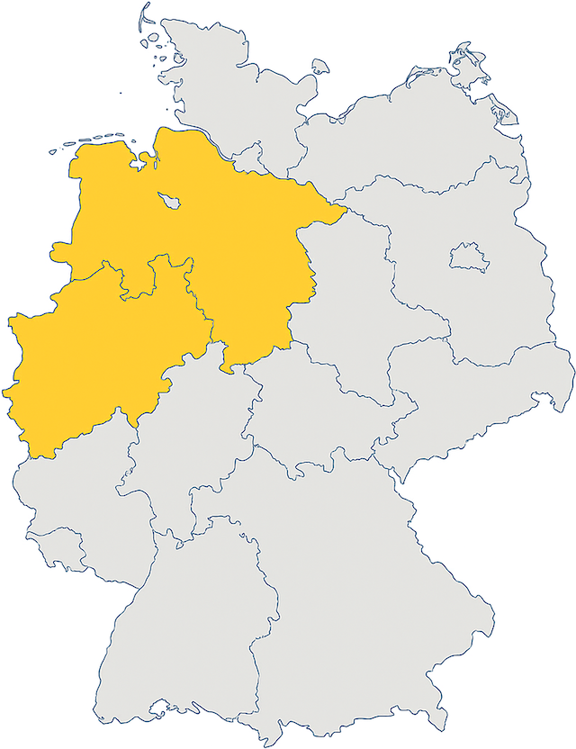 Deutschlandkarte, Bundesländer Niedersachsen und NRW sind markiert