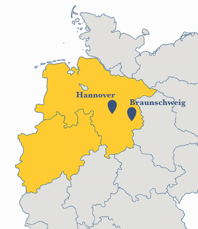Deutschlandkarte mit Markierungen an den Städten Braunschweig und Hannover